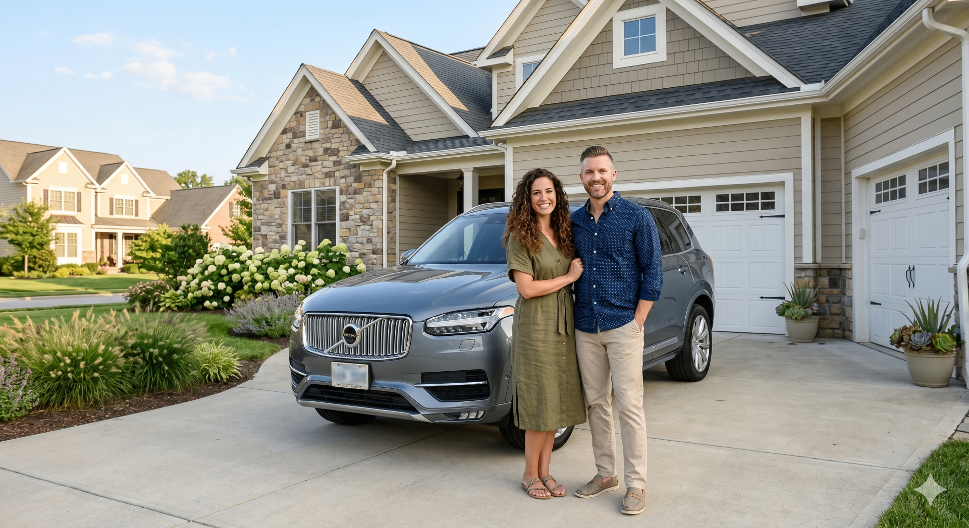 Smiling couple holding keys next to their new car