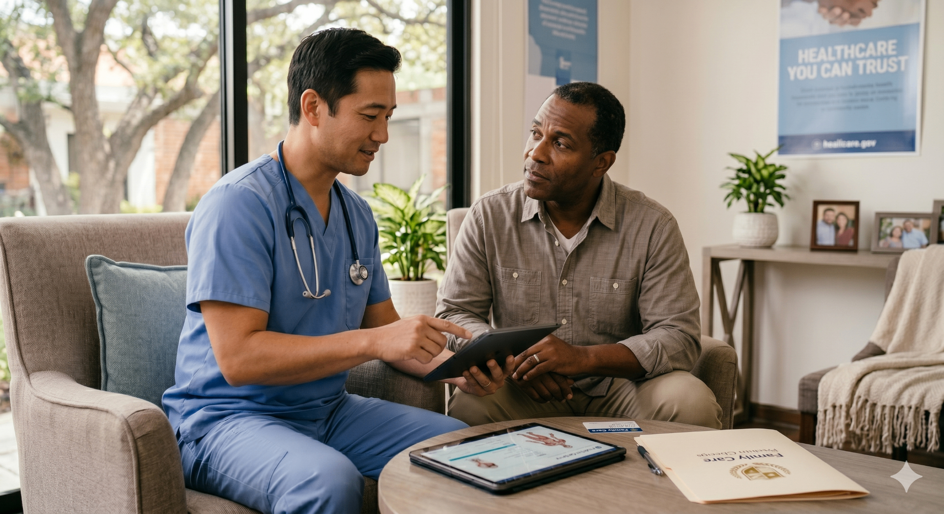 Healthcare professional reviewing a health plan with a client