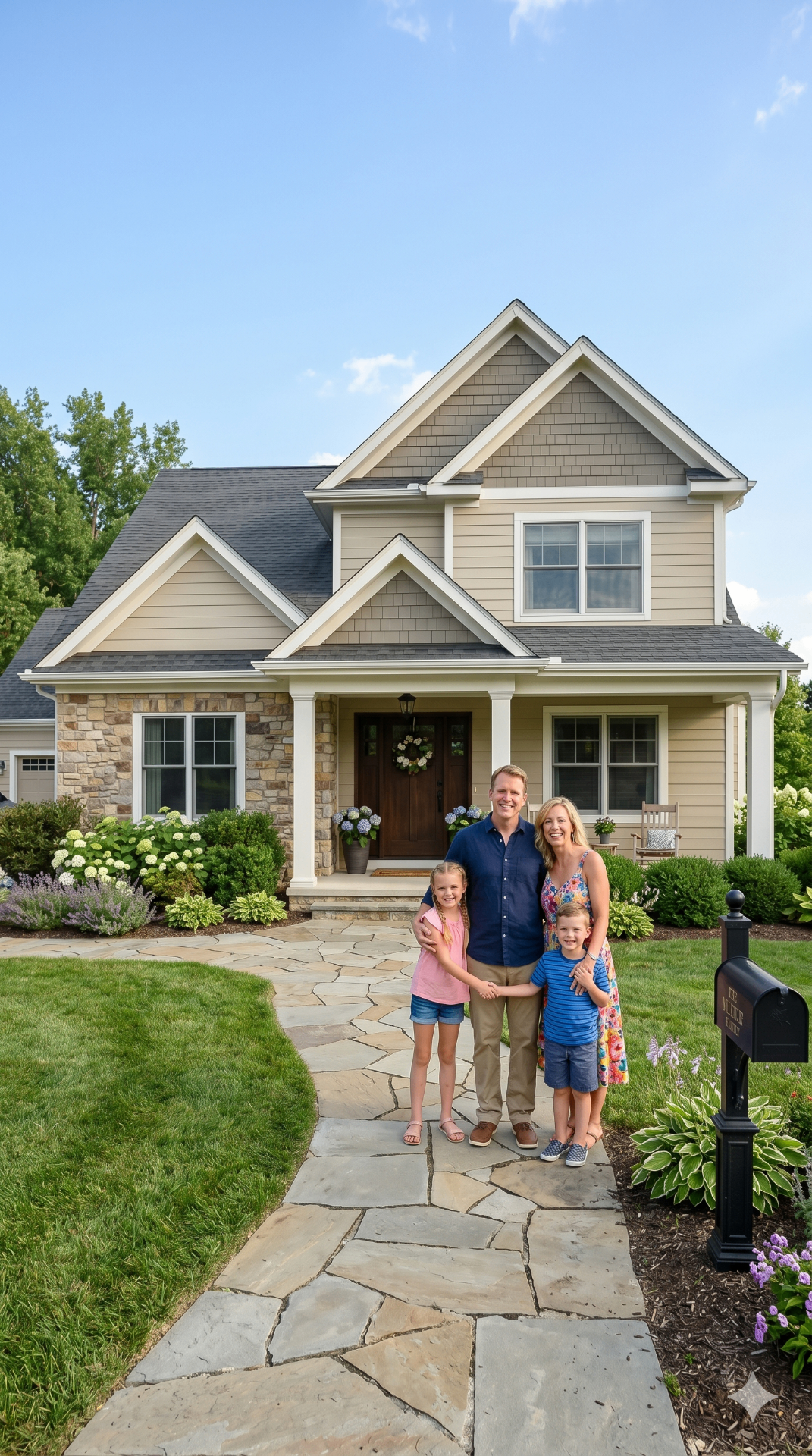 Happy Texas family in front of their suburban home