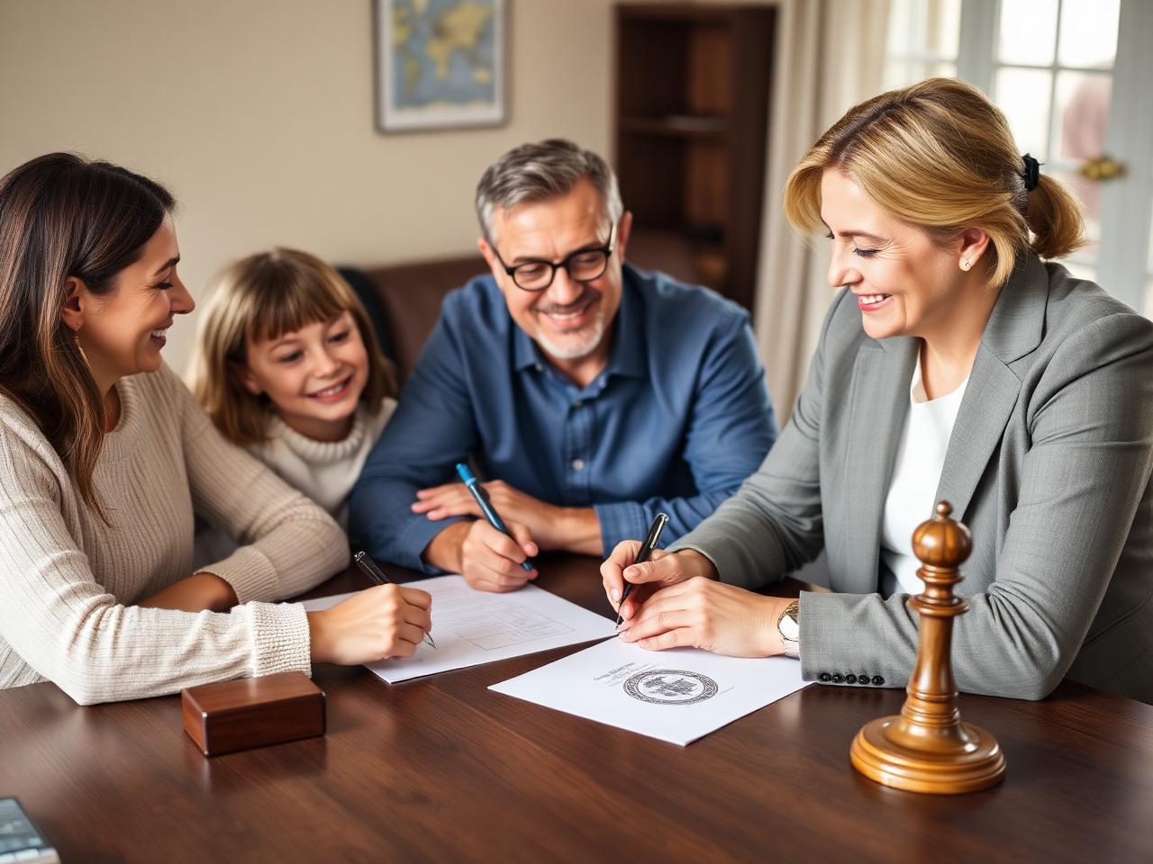 Family signing a notary document with a notary public